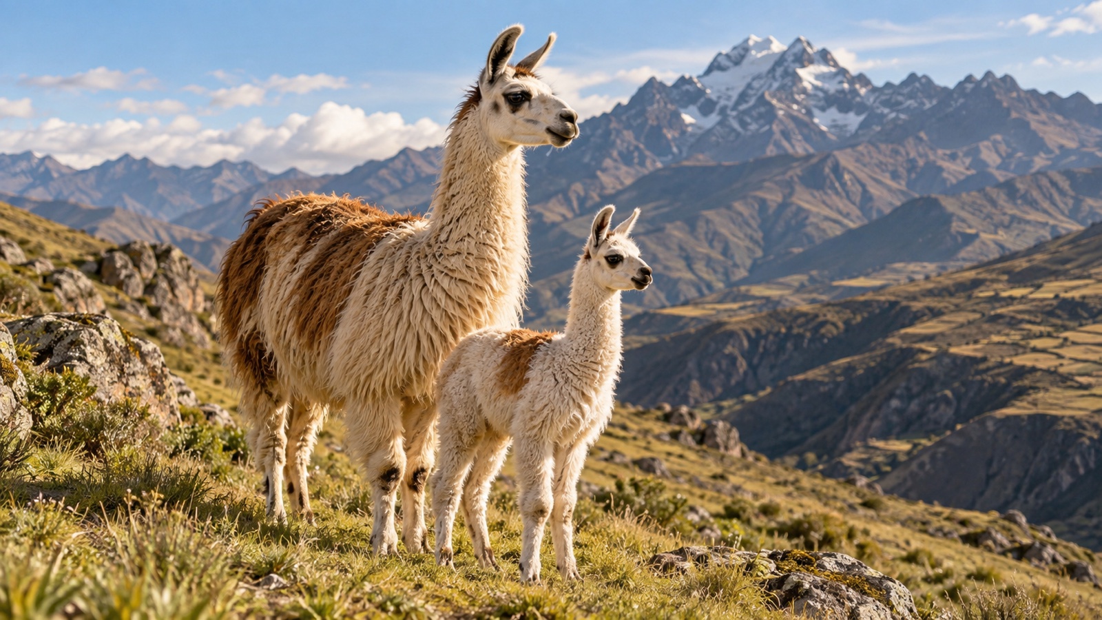 Llama mother and cria on a grassy Andean hillside