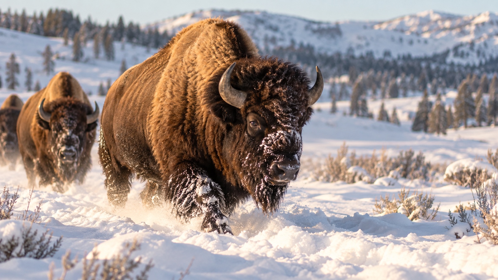 Bison moving through deep snow using large head and shoulder hump
