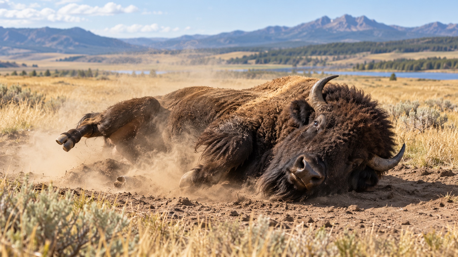 Bison rolling in a dry prairie wallow