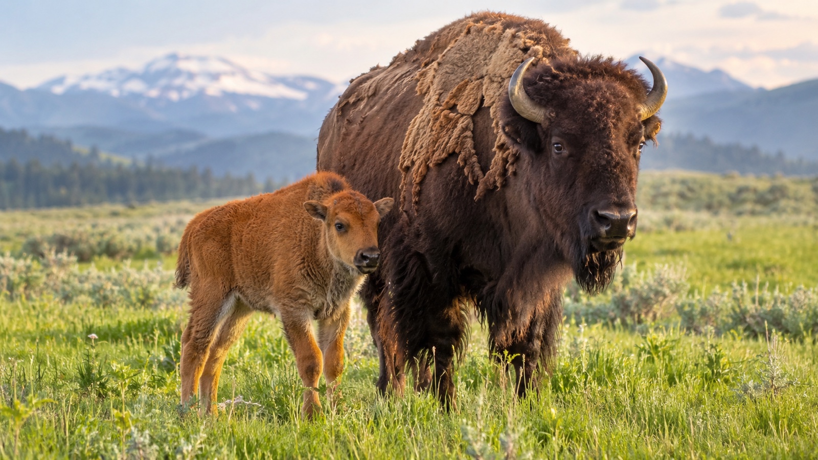 Orange red bison calf standing beside adult bison in spring grass