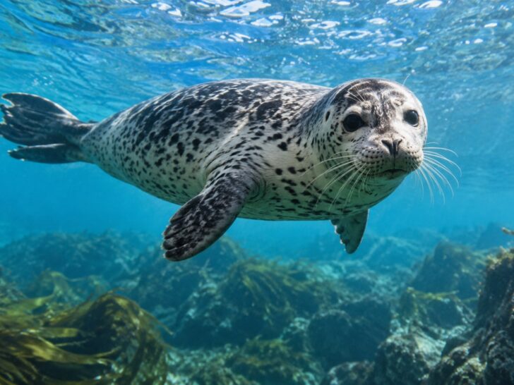 Harbor seal swimming underwater in clear blue sea