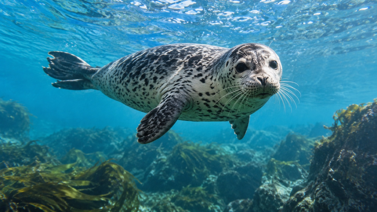 Harbor seal swimming underwater in clear blue sea