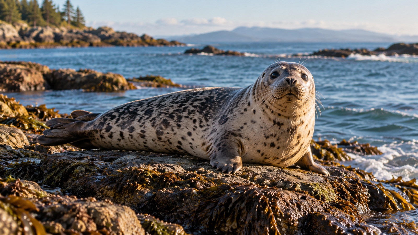 Harbor seal resting on rocky coastal shore