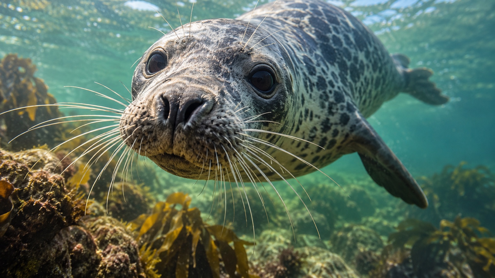 Close underwater view of seal whiskers and face with no human faces