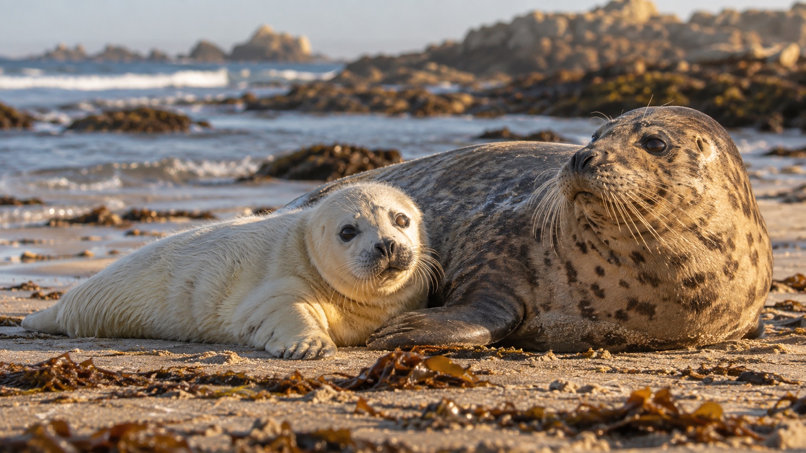Seal pup resting on coastal beach beside adult seal
