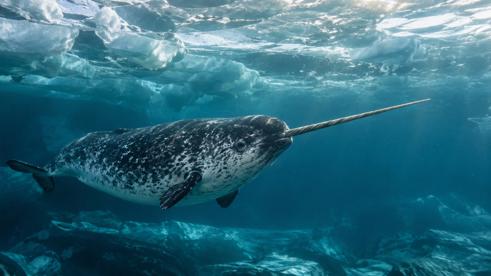Narwhal swimming beneath Arctic sea ice with single long tusk