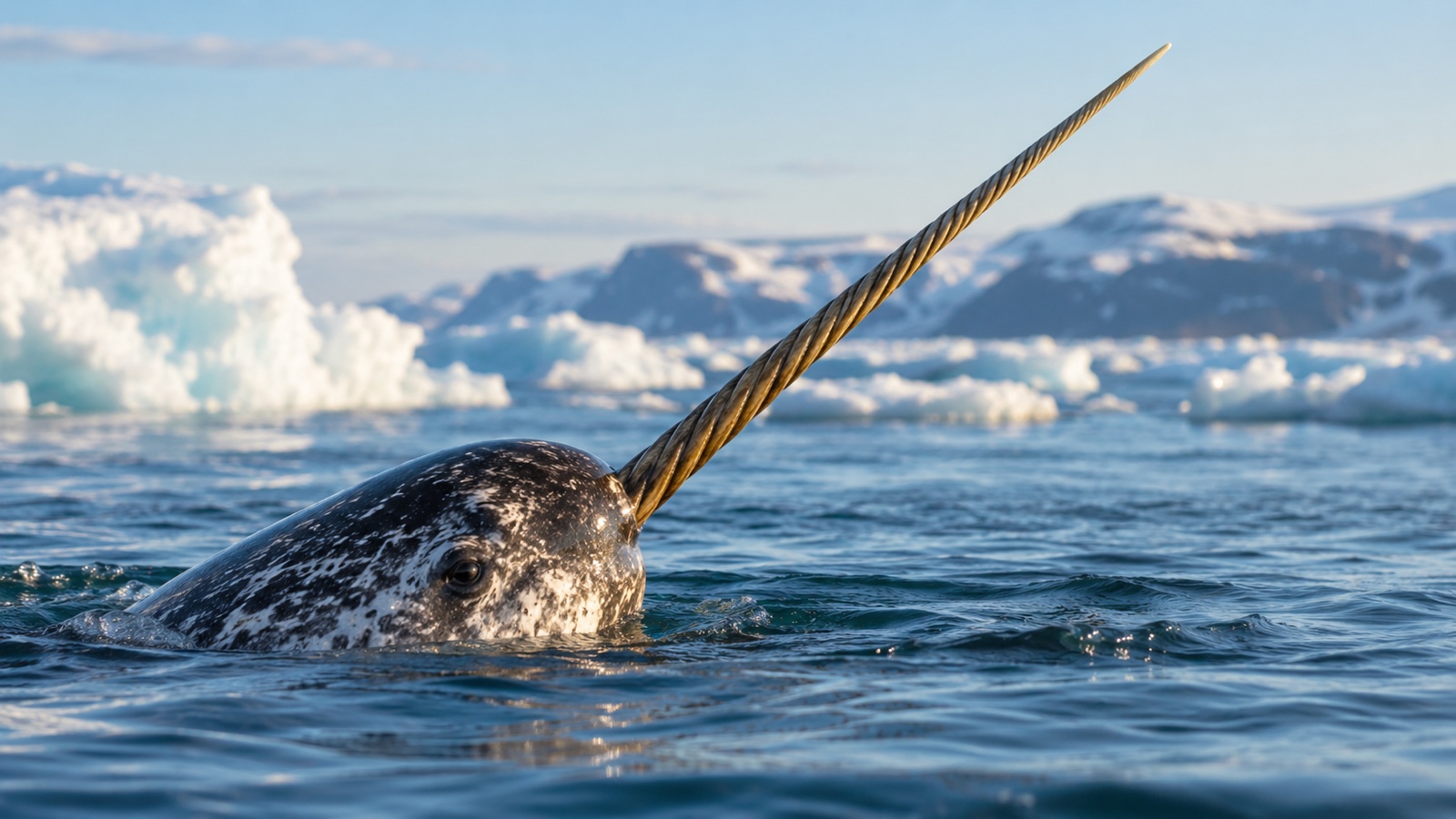 Close view of narwhal tusk emerging from Arctic water