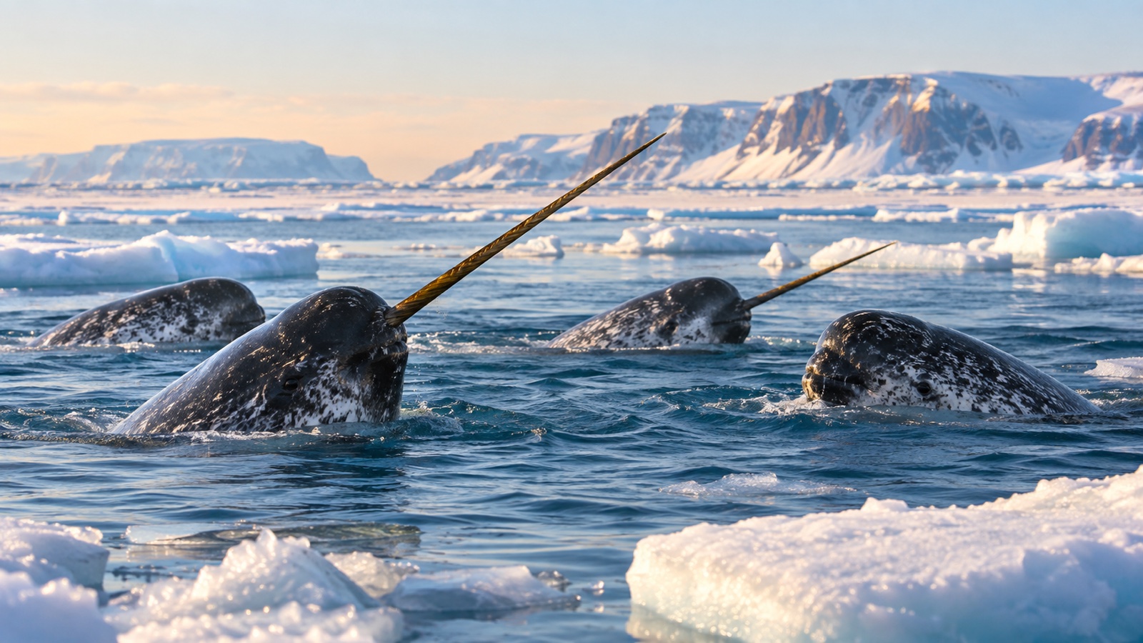Small pod of narwhals surfacing among Arctic ice floes