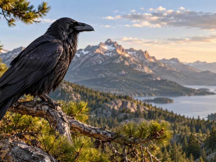 Common raven perched on a rugged pine branch in mountain landscape