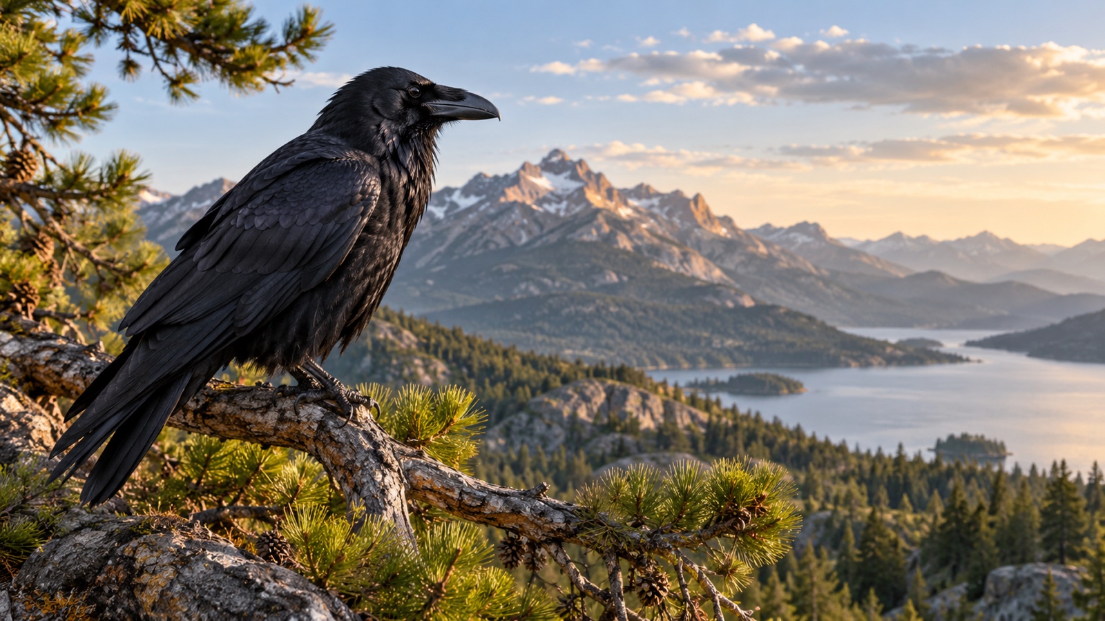 Common raven perched on a rugged pine branch in mountain landscape