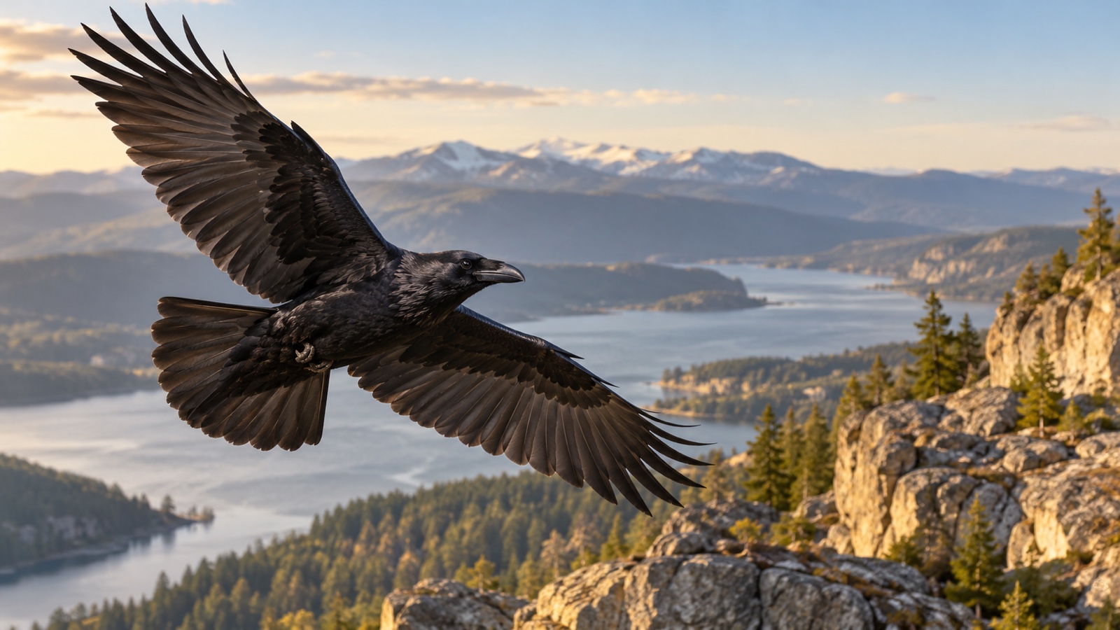 Raven in flight showing wedge shaped tail and broad black wings