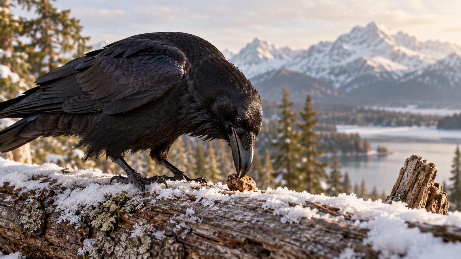 Raven using its beak to examine a small object on a snowy log