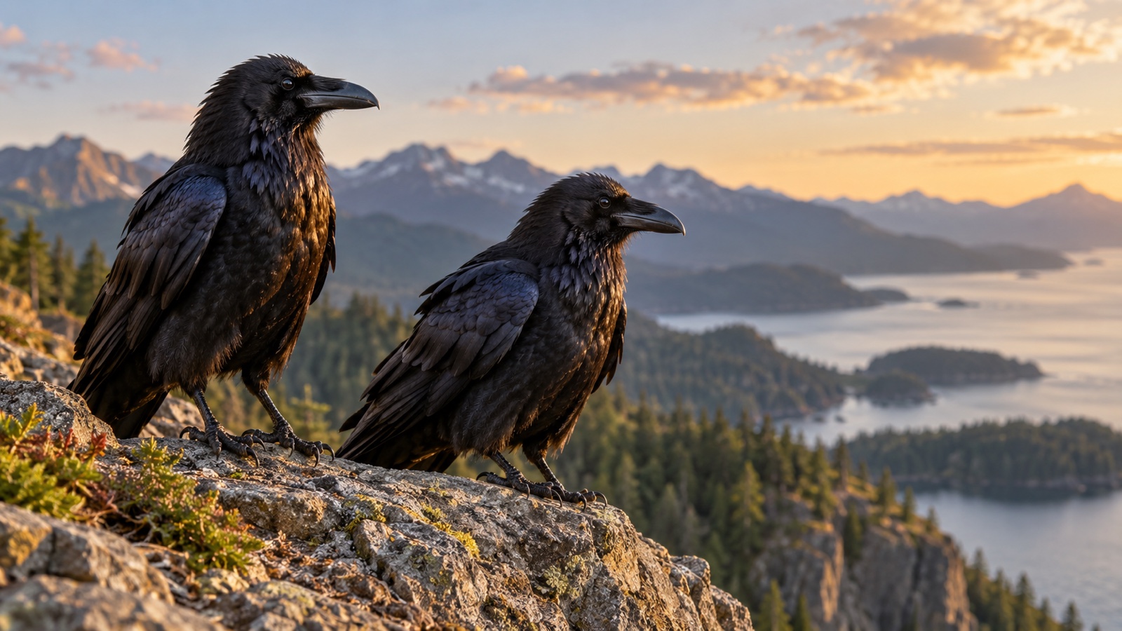 Pair of ravens together on a rocky cliff ledge