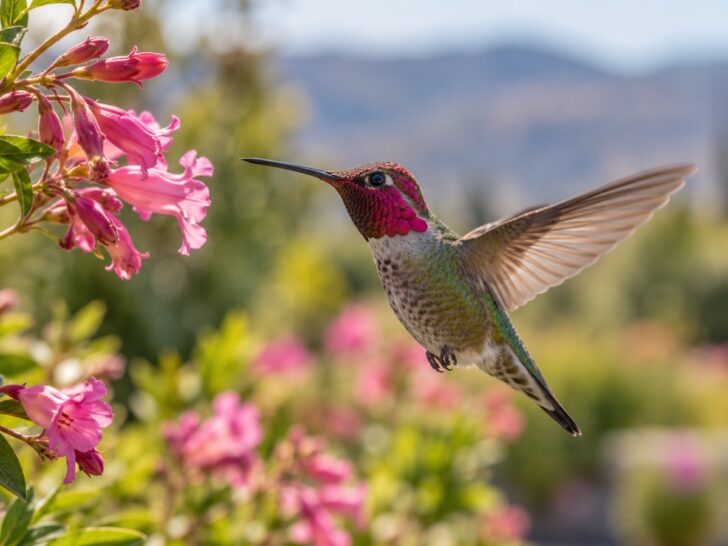 Anna's hummingbird hovering near pink flowers in western garden