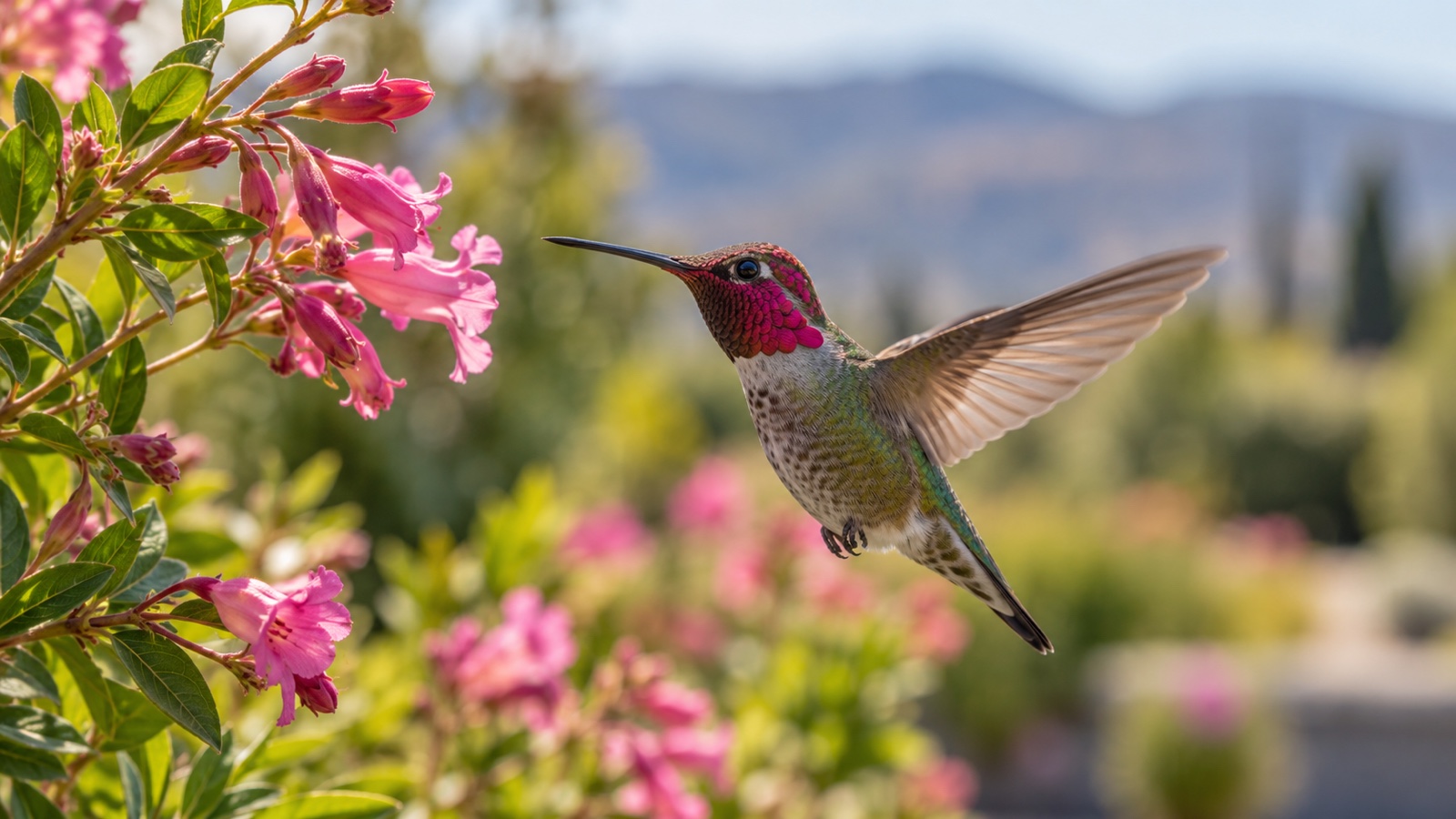 Anna's hummingbird hovering near pink flowers in western garden