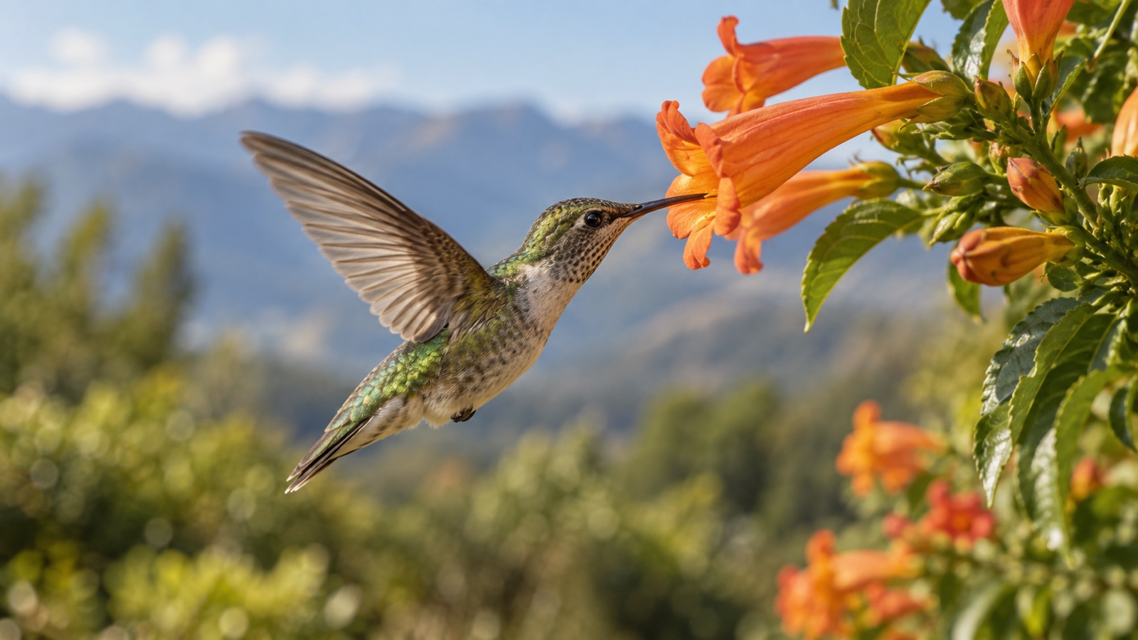 Hummingbird drinking nectar from orange trumpet shaped flowers