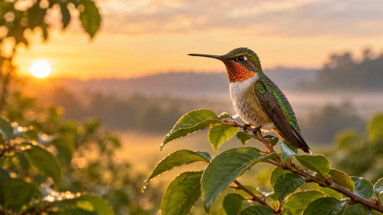 Tiny hummingbird perched among leaves at dawn