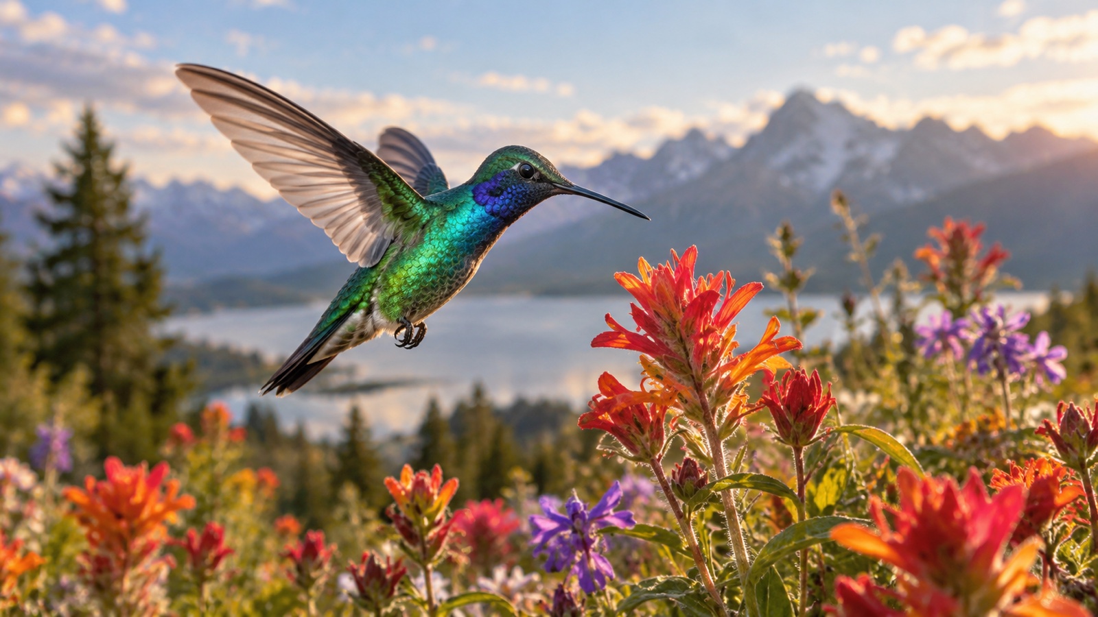 Iridescent hummingbird in flight above colorful wildflowers