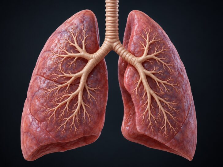 Accurate medical 3D illustration of two human lungs and branching bronchi isolated against neutral dark background