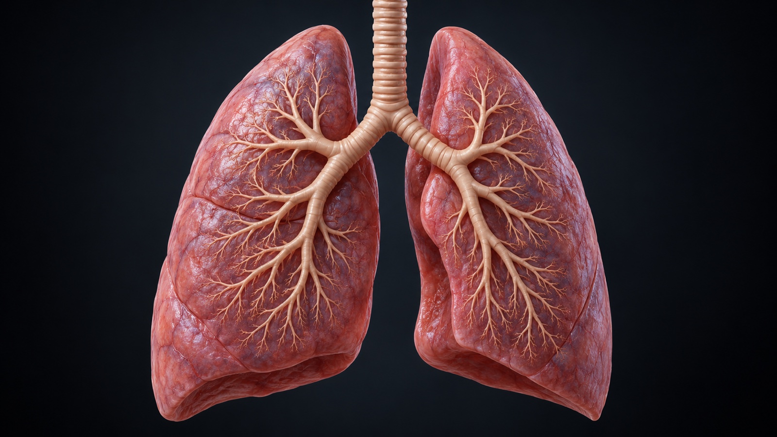 Accurate medical 3D illustration of two human lungs and branching bronchi isolated against neutral dark background