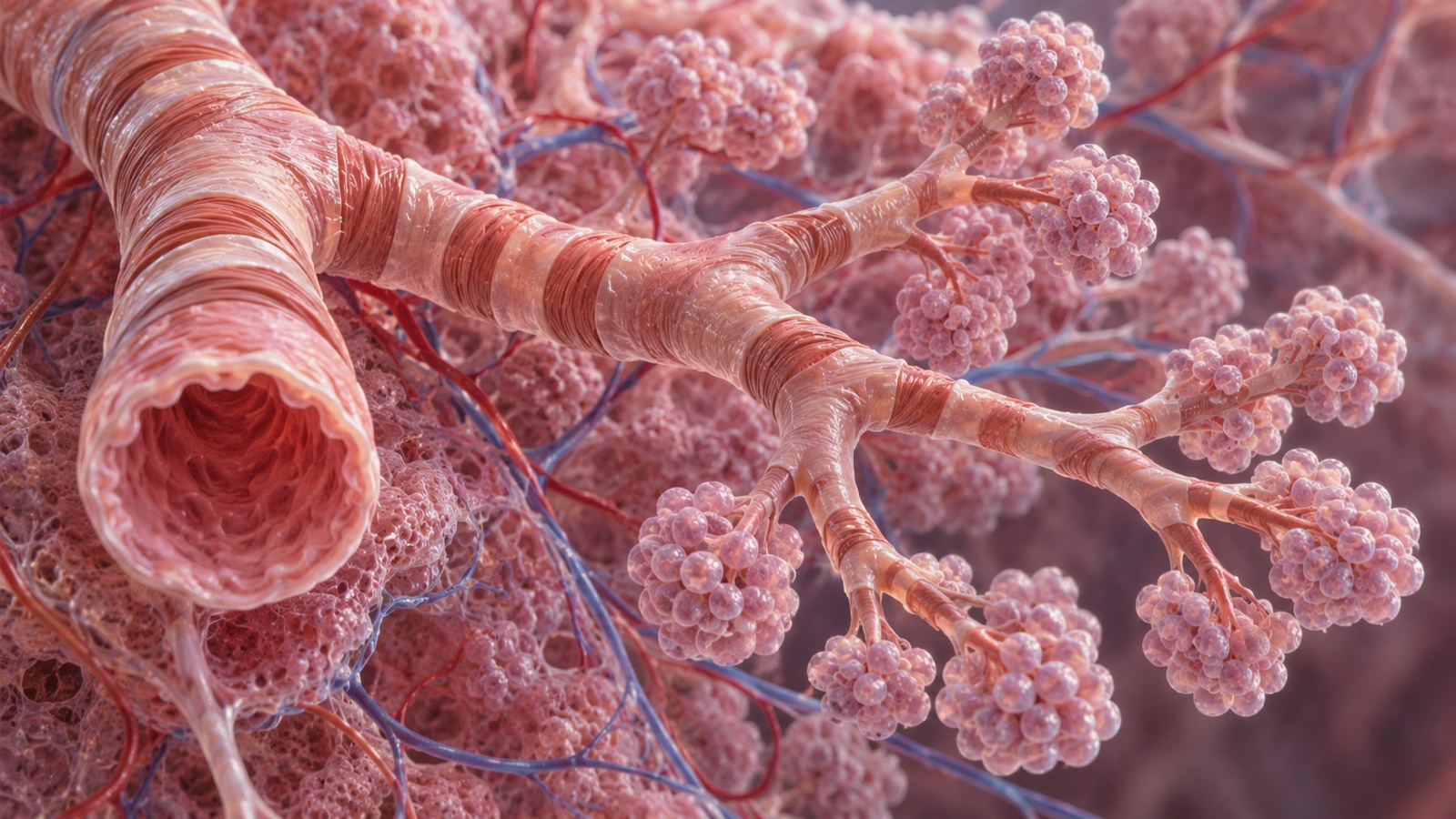 Macro medical illustration of branching bronchioles inside healthy lung tissue