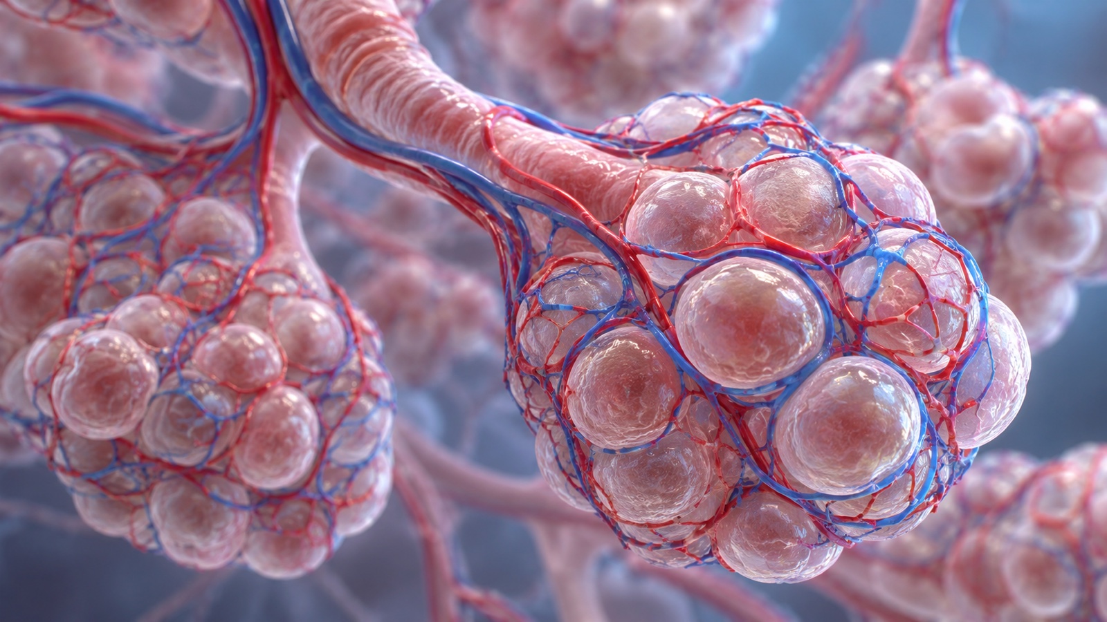 Scientific close-up rendering of alveolar air sacs surrounded by tiny blood vessels