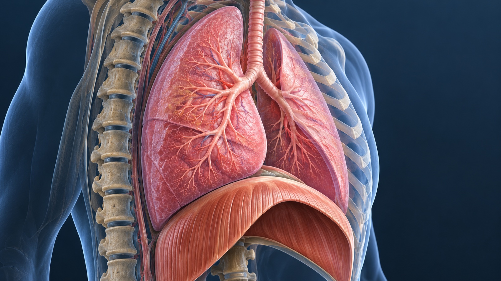 Anatomical side view medical illustration of lungs above the dome shaped diaphragm