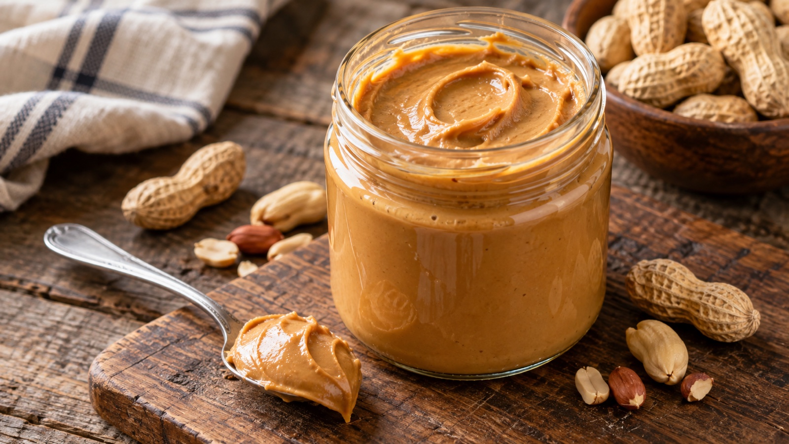Open jar of smooth peanut butter with spoon and peanuts on rustic table, no label