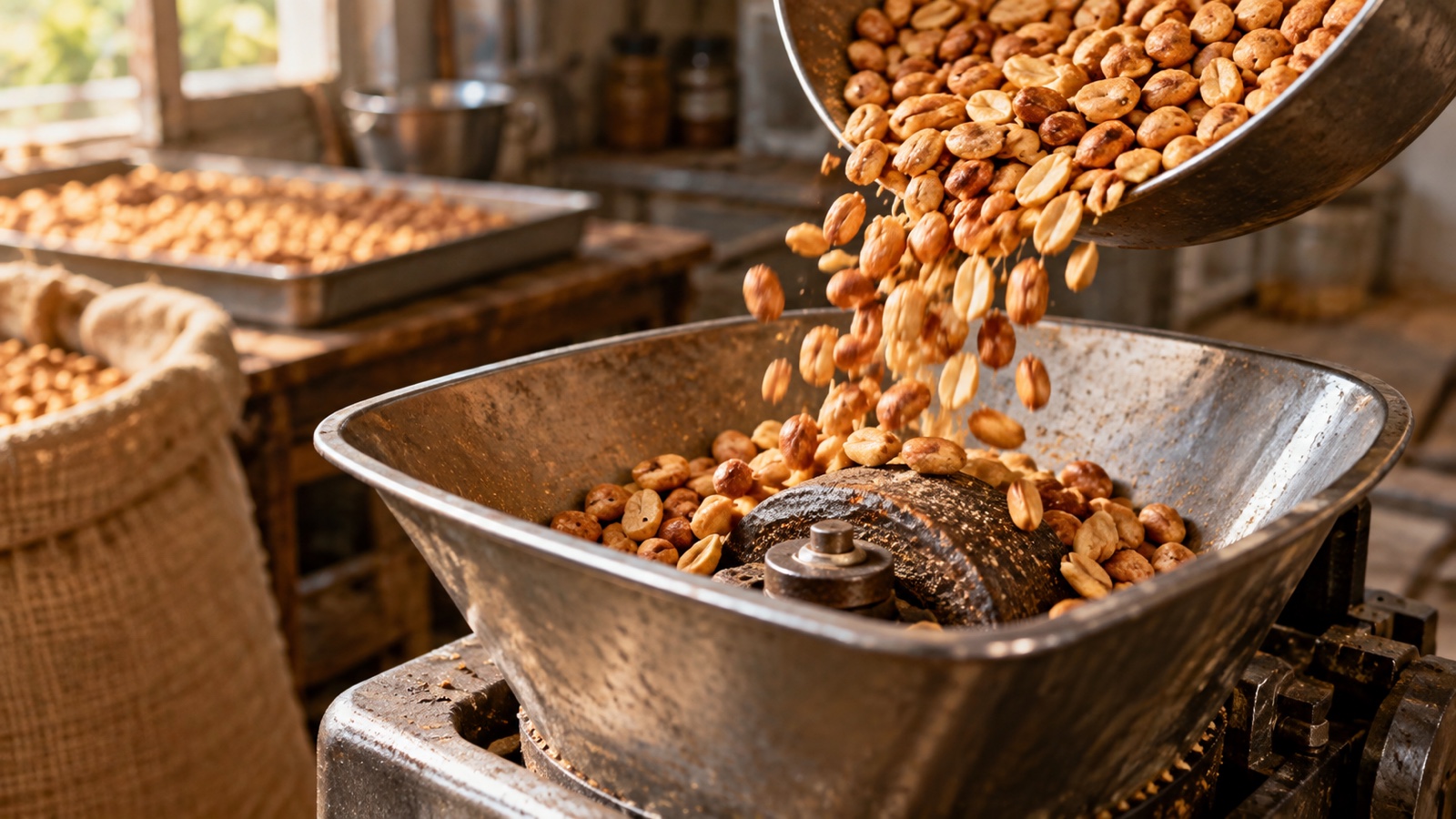 Roasted peanuts tumbling into a grinder in a small food workshop