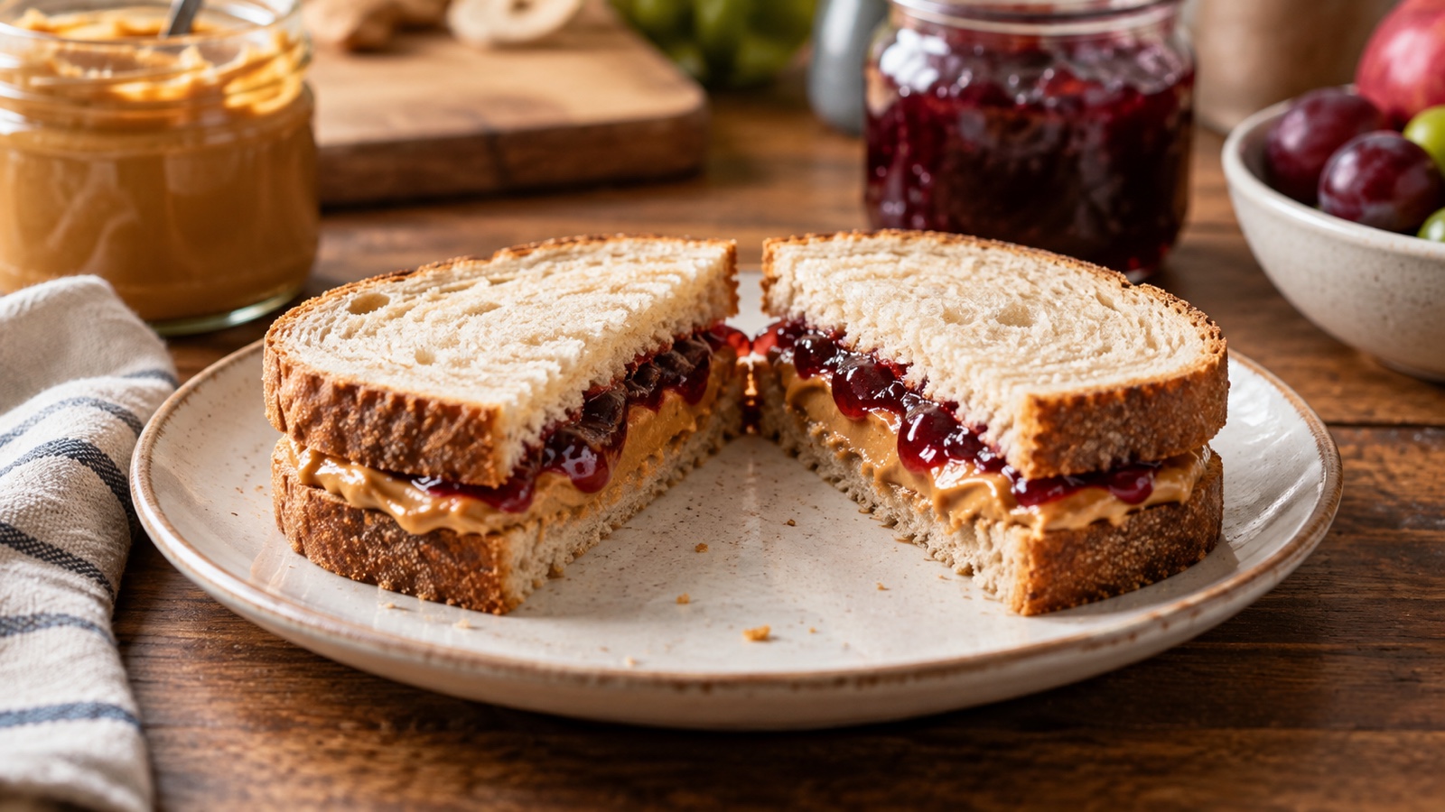 Peanut butter and jelly sandwich cut in half on simple plate