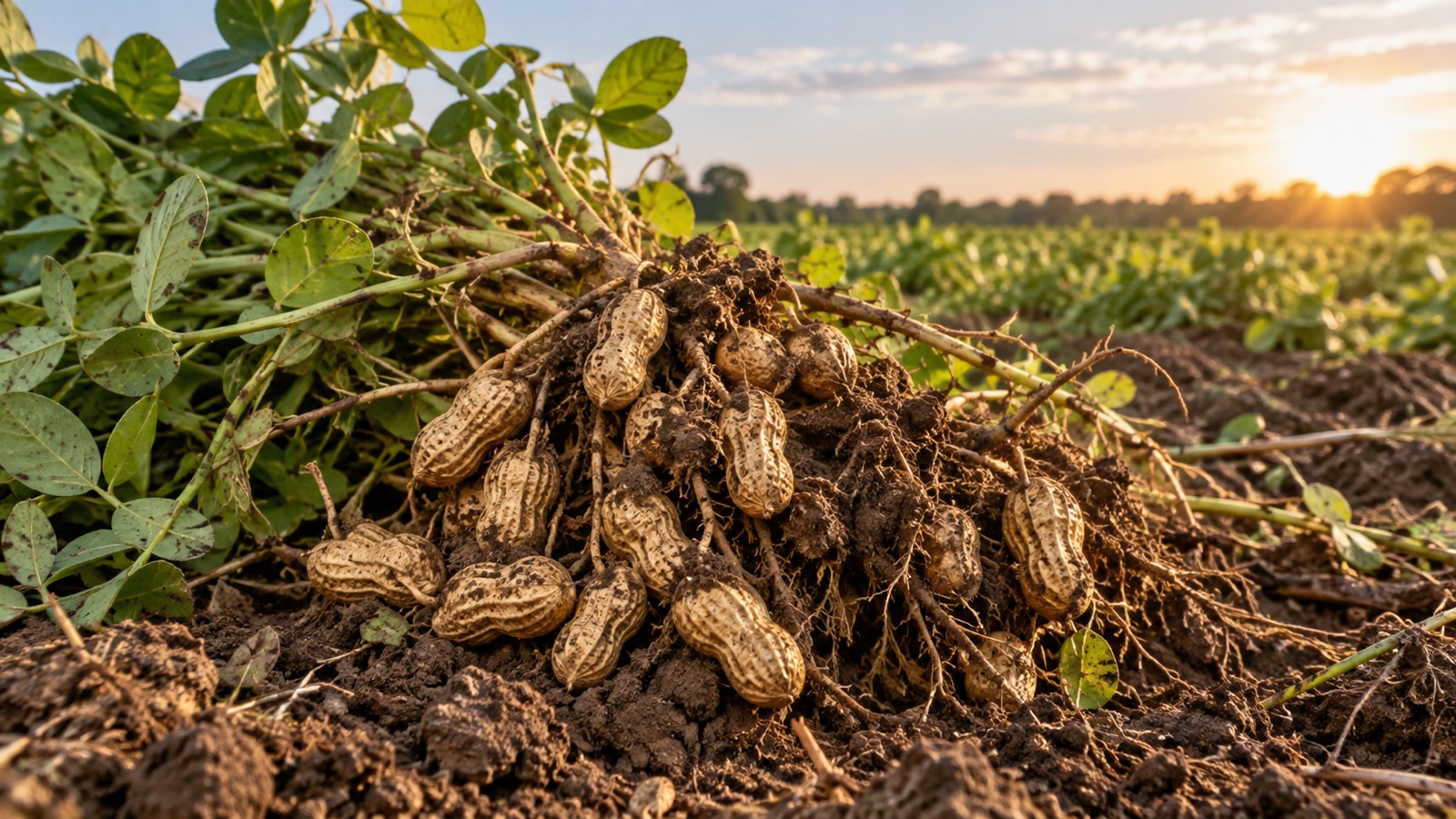 Peanut plants with pods freshly lifted from soil in farm field