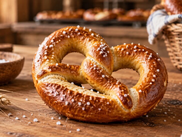 Golden brown soft pretzel with coarse salt on wooden bakery counter