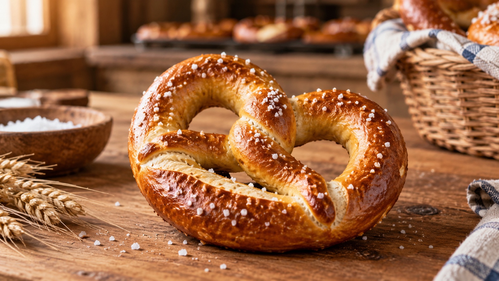 Golden brown soft pretzel with coarse salt on wooden bakery counter