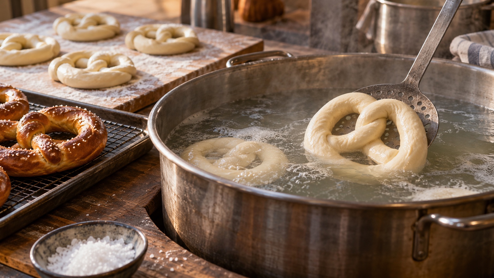 Fresh pretzel dough lowered into alkaline bath in bakery kitchen, no people
