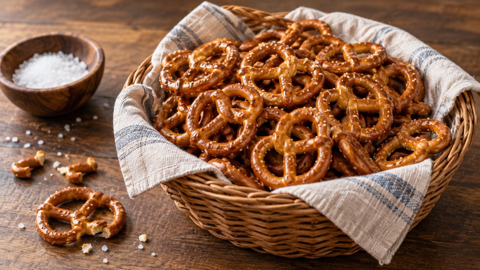 Basket of crisp hard pretzels on plain tabletop