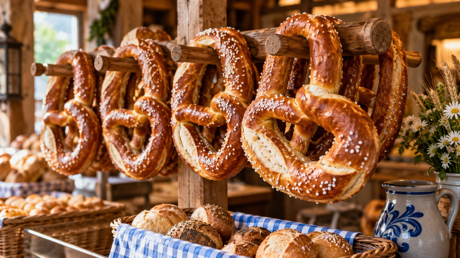 Bavarian style soft pretzels hanging in a traditional bakery display, no text