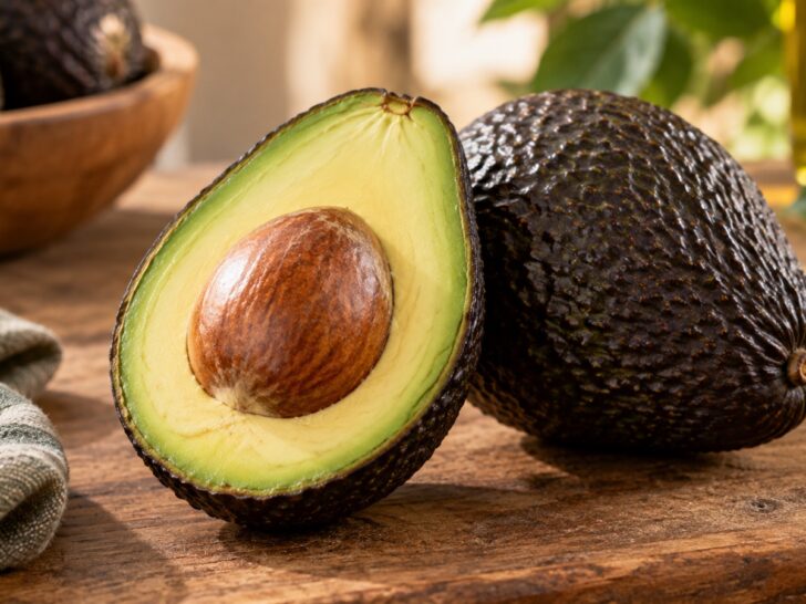 Ripe Hass avocado halved to show seed beside whole fruit