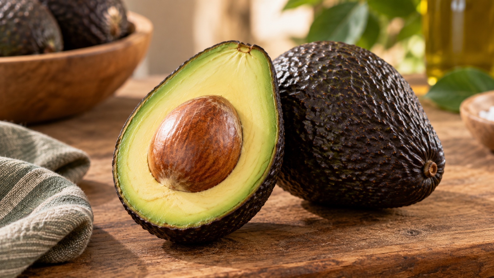 Ripe Hass avocado halved to show seed beside whole fruit