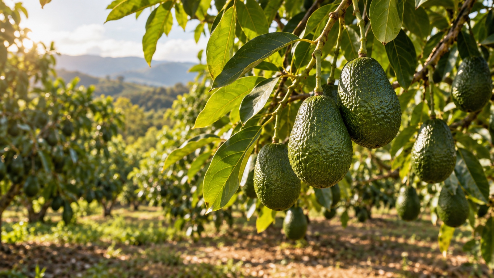 Avocados hanging from branches in sunlit grove