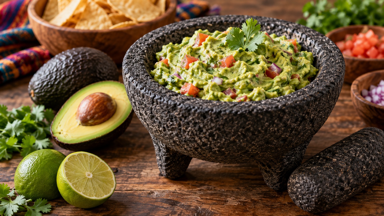 Fresh guacamole in stone molcajete with avocado and lime, no people