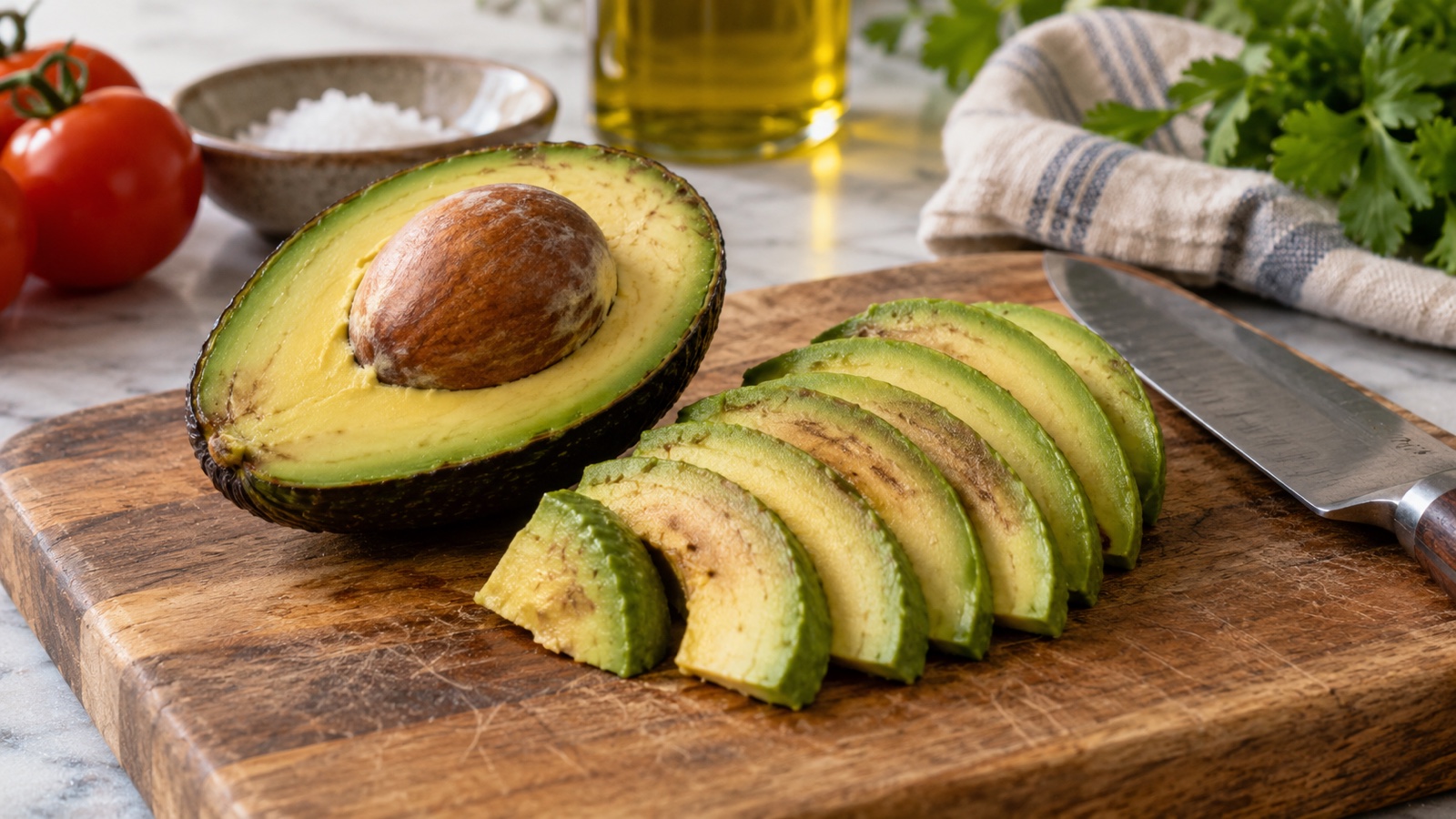 Sliced avocado showing mild browning on a kitchen cutting board