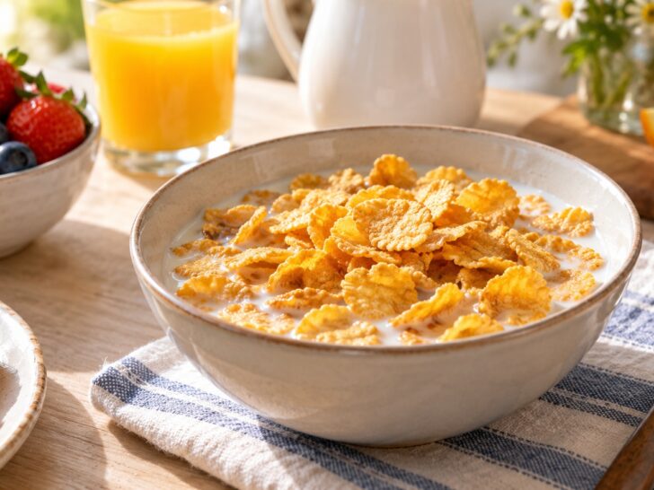 Bowl of toasted corn flakes with milk on bright breakfast table