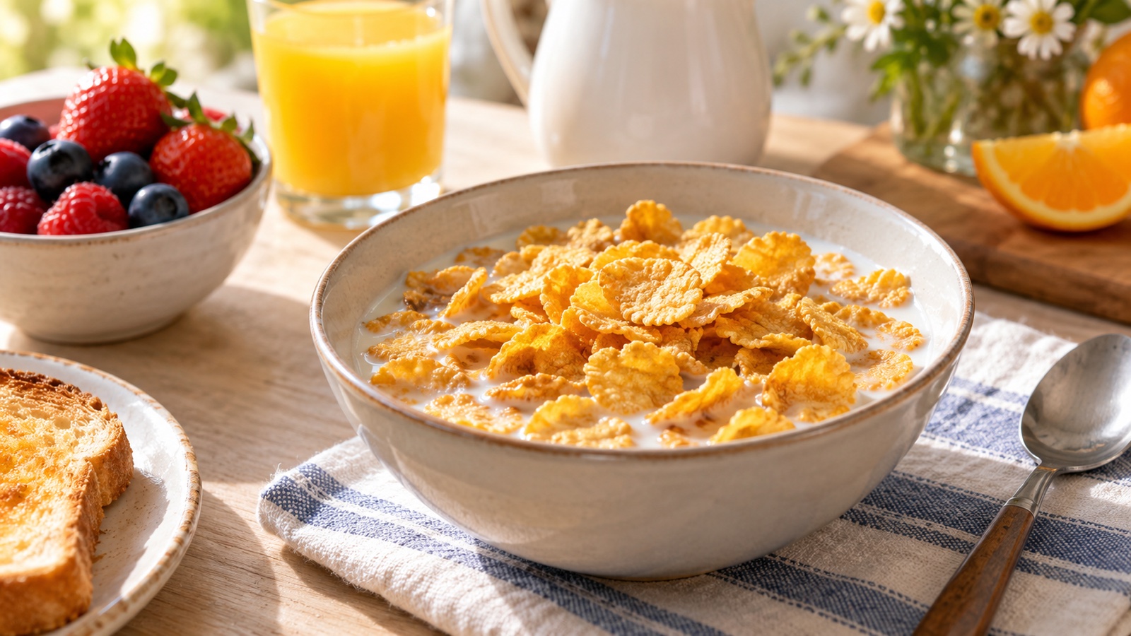 Bowl of toasted corn flakes with milk on bright breakfast table