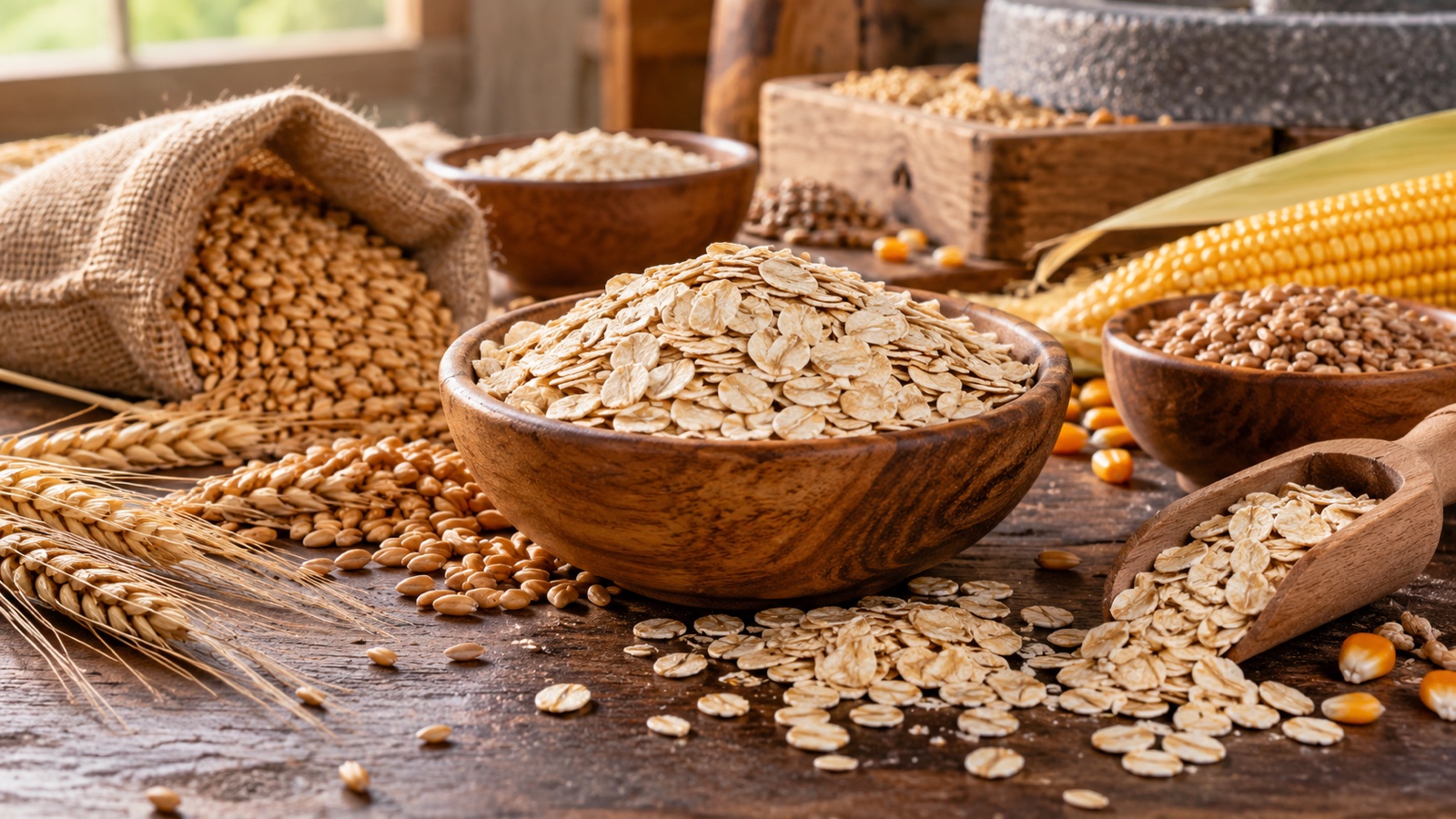 Cereal grains and freshly rolled flakes on a production tabletop, no labels