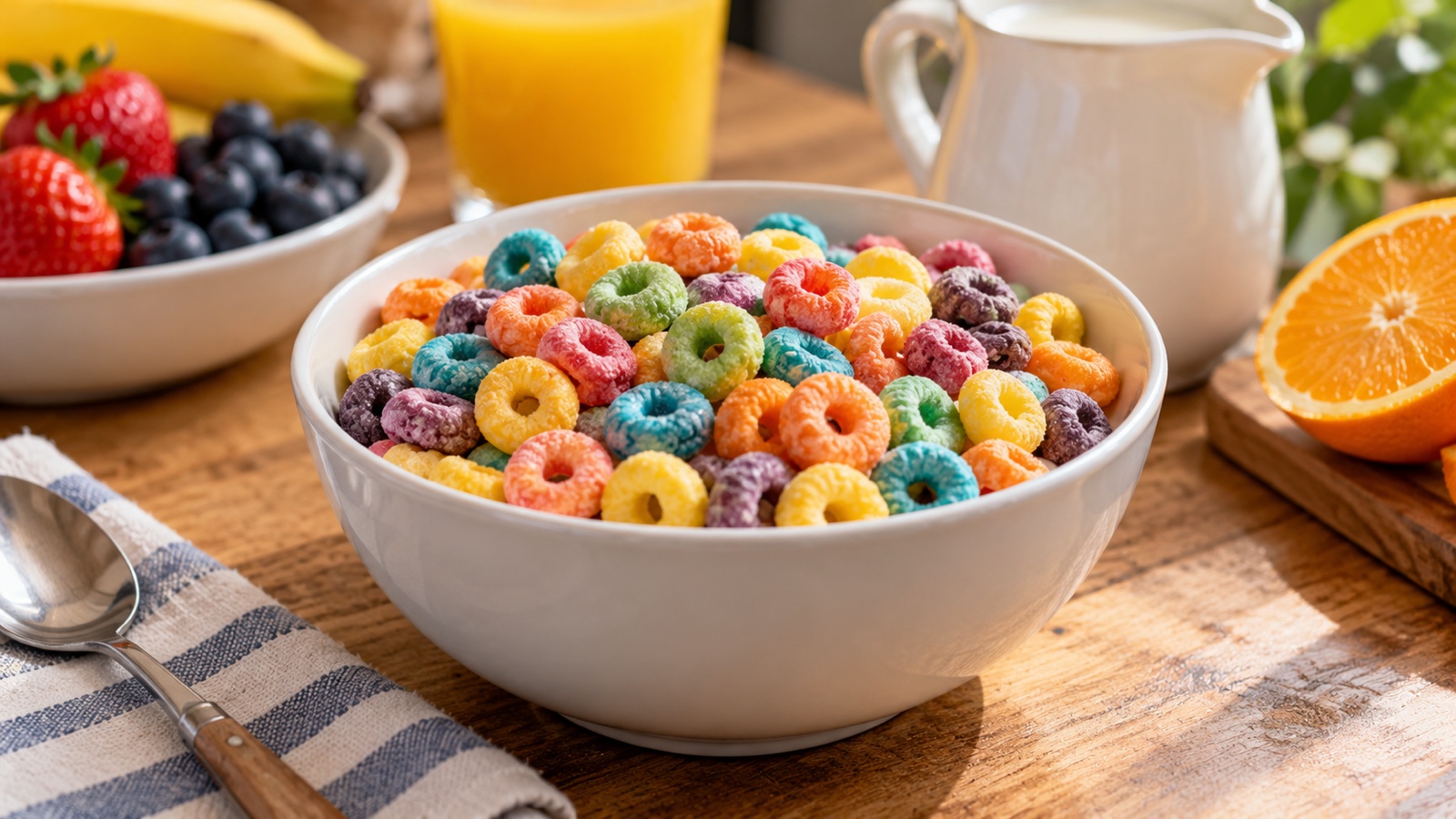 Colorful ring shaped breakfast cereal in a plain bowl with no branding
