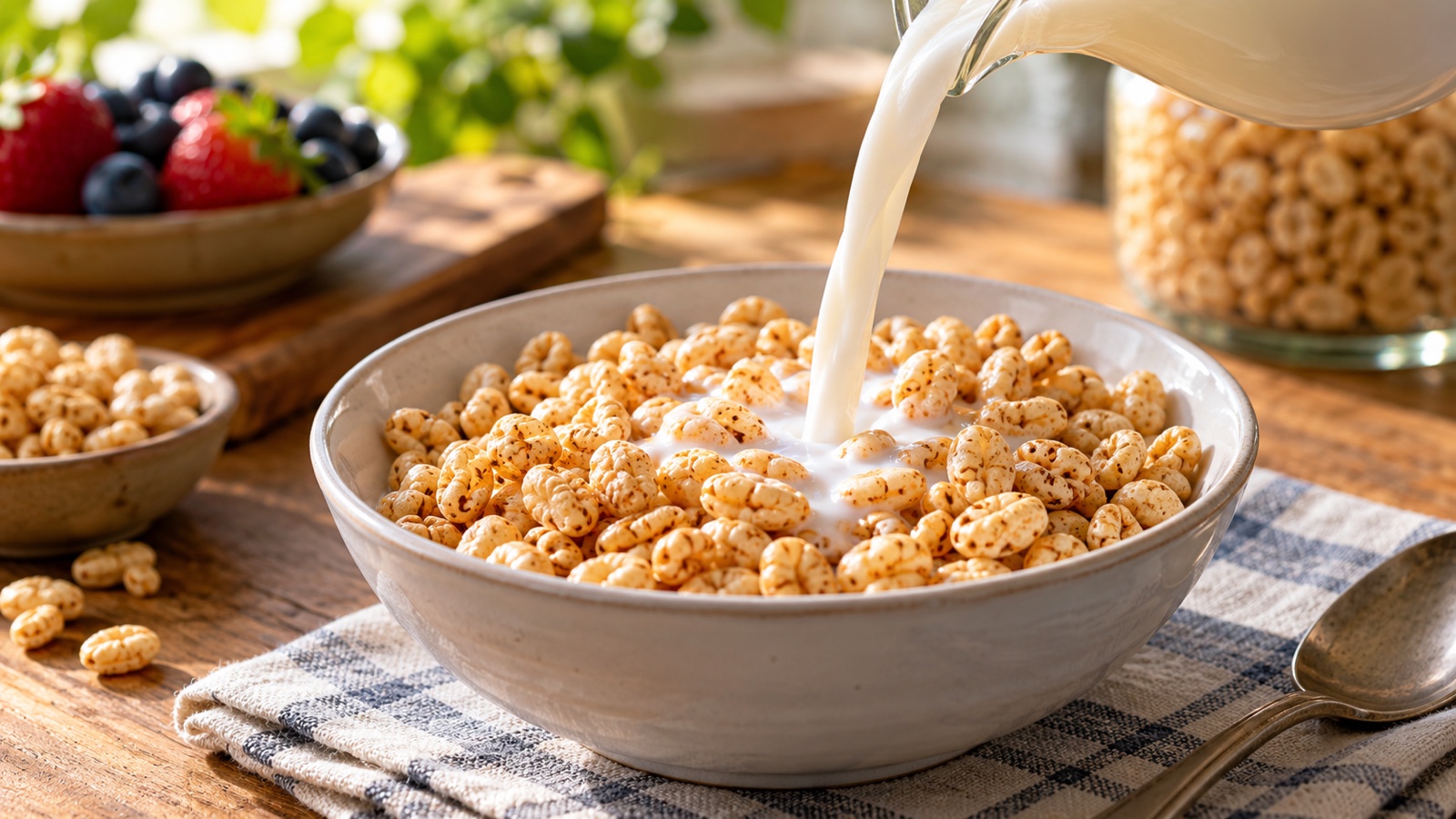 Puffed grain cereal close-up with milk pouring into a bowl, no people