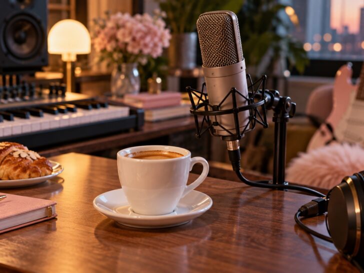 Unbranded espresso cup and microphone on a recording studio desk suggesting Sabrina Carpenter's pop music era