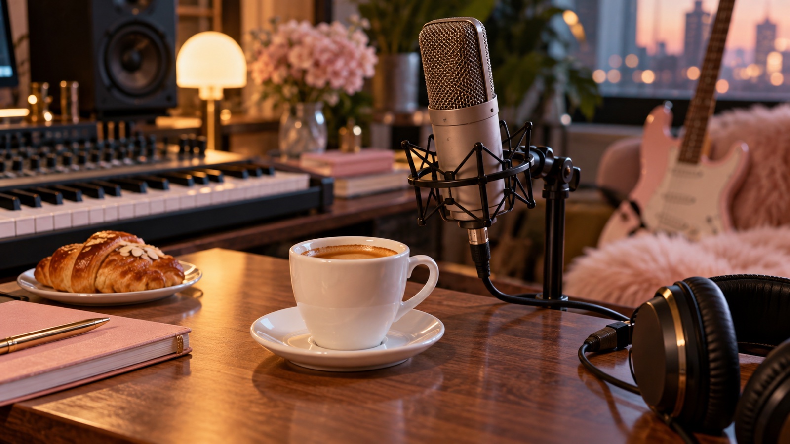 Unbranded espresso cup and microphone on a recording studio desk suggesting Sabrina Carpenter's pop music era