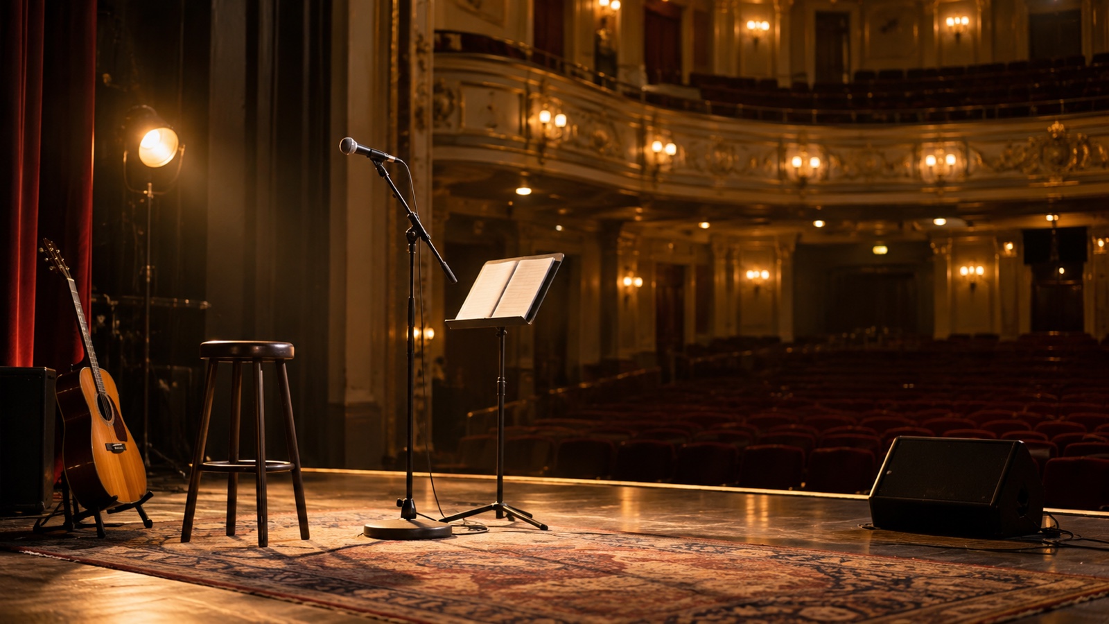 Empty theater stage with microphone, warm lights and music stand, no performer