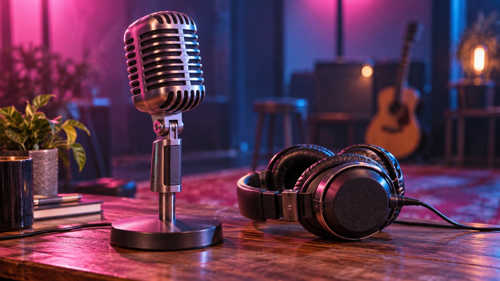 Pink and blue studio lighting on a vintage microphone and headphones